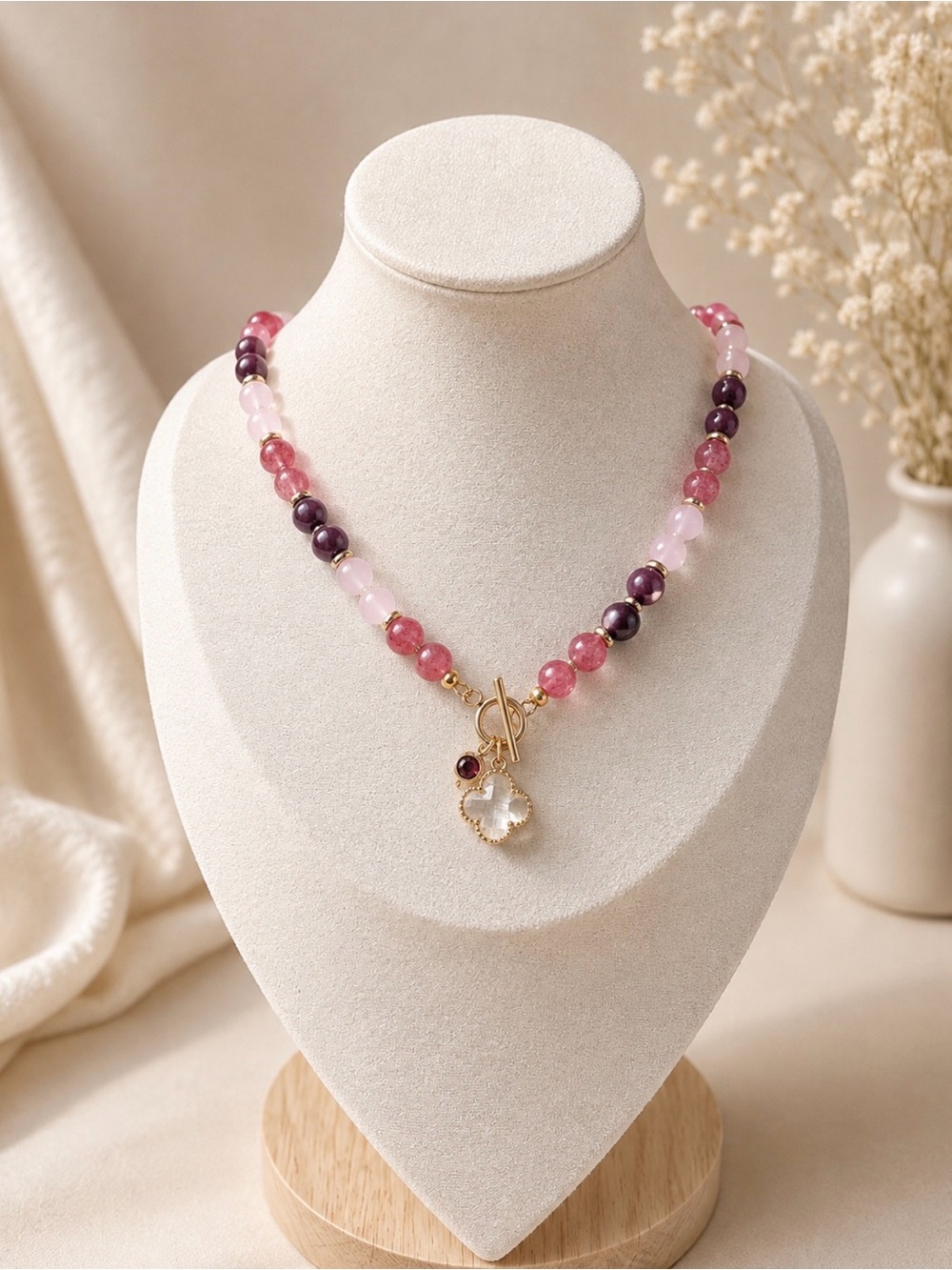 Handmade Gold Clover Charm Pink and Purple Beaded Necklace w/ Front Toggle Clasp